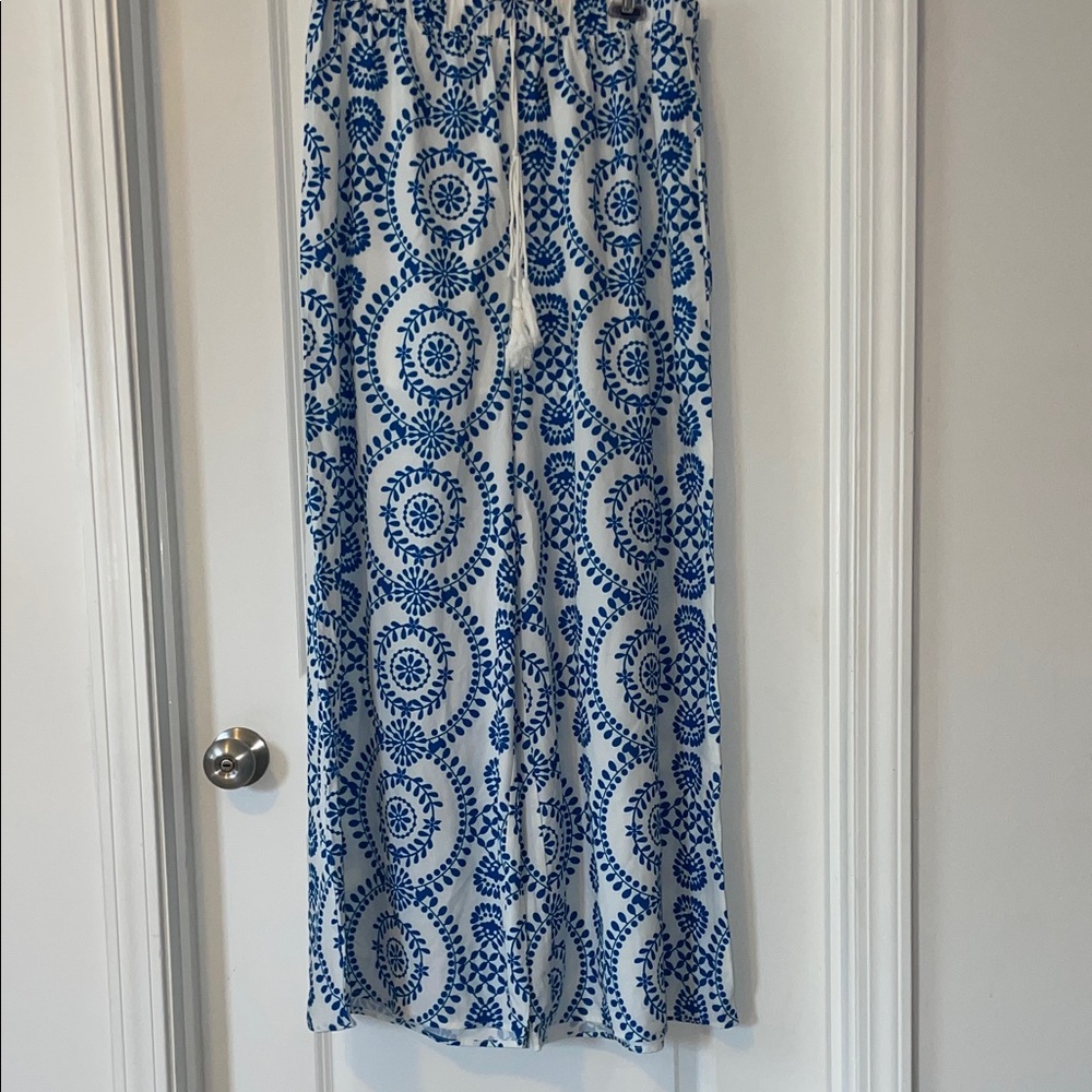 Blue and White Patterned Women's Wide Leg Pants